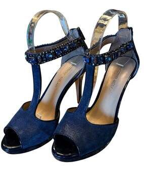 ANTONIO MELANI Navy Blue T-Strap Jeweled 4”  Heels Womens Size 8 Leather Sole